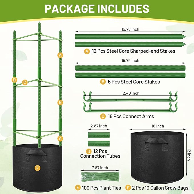 Legigo 2 Pack Tomato Cages with 10 Gallon Grow Bags- 48inch Tomato Trellis Plant Support Stakes Planter, Tomato Plant Cages Garden Trellis for Vertical Climbing Plants Vegetables Flowers Fruits