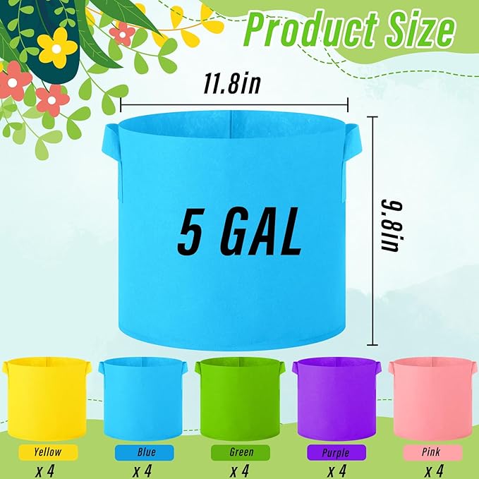 20 Pack Grow Bags Multicolor Plant Grow Bag Non Woven Fabric Pots with Handles Garden Plant Seeds Tomato Vegetables Flowers Planting Bags for Indoor or Outdoor Gardening