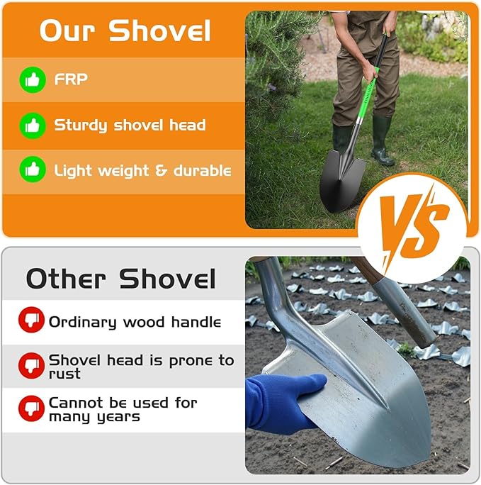 HIGHLIGHT Spade, Heavy Duty Gardening Shovel, Garden Shovel 56 inch for Digging, Round Shovel with D-Handle, for Garden,Beach, Snow, Fiberglass Handle (Green)