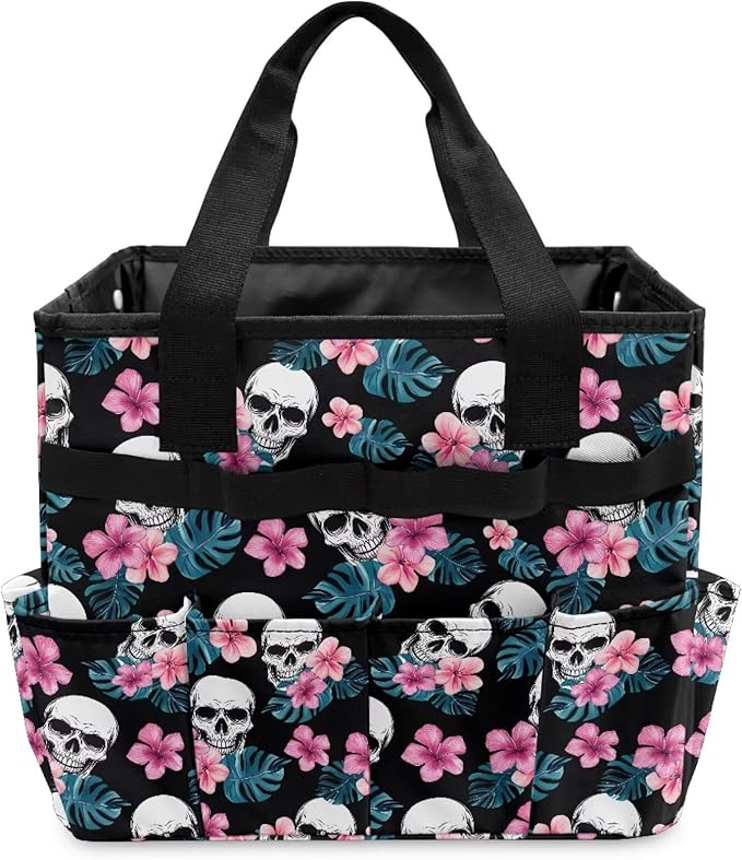 Skull Tropical Floral Garden Tool Bag Portable Gardening Tool Organizer Bag with 10 Pockets and Handle Tool Carrier and Storage for Garden Lawn Yard Casual Camp