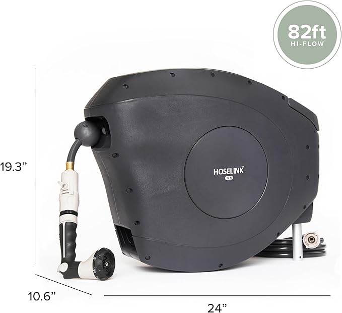 HOSELINK Classic Charcoal 82ft Hi-Flow Automatic Retractable Hi-Flow Garden Hose Reel, 9/16”, UV-Stabilized Kink-Free Hose, Wall Mounted Complete Watering Solution for Backyard, Garden & Outdoor