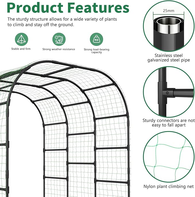 SUNYRISY Garden Arch Trellis for Climbing Plants Outdoor, 88" x 88" x 88" Metal Core Tall Archway Tunnel Plant Support for Cucumber Tomato Vine Flowers Vegetables Climbing Plants