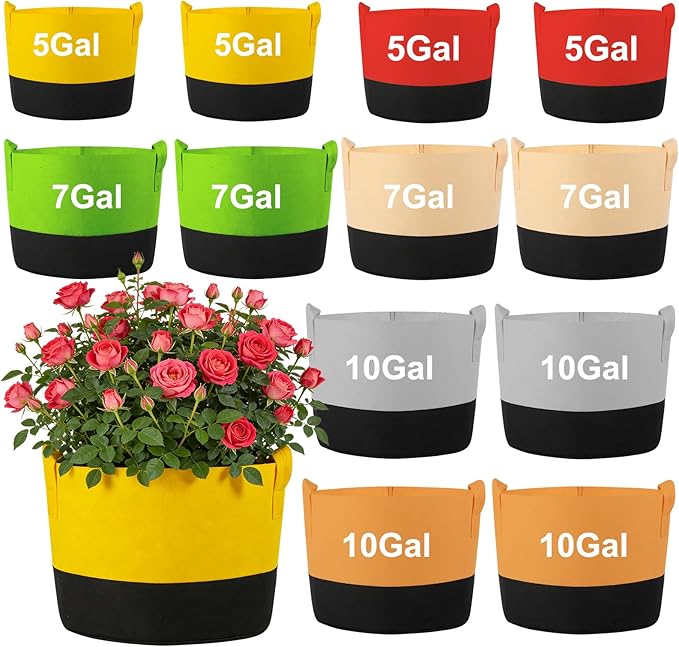 12 Pack Mixed Size Grow Bags, Colorful Fabric Plant Pots with Handles Nonwoven Potato Grow Bags Plant Growing Containers for Garden Fruit Vegetable Flower Indoor Outdoor (5/7/10 Gal)