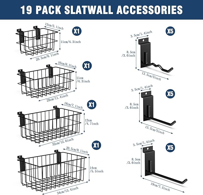 3-H Heavy-Duty Slatwall Accessories 15 Pack and Slatwall Baskets 4 Pack, Slatwall Hooks & Hangers Multi Sizes for Use in Garage, Workshop, Store, and Studio for Organization and Display