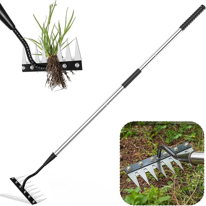 Iron Weeding Rake with Long Handle 2.0, Upgraded 8 Teeths Garden Weed Puller Tool Heavy Duty Gardening Tool for Lawn, Flower Beds & Soil Aeration
