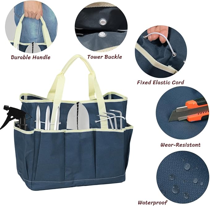 BLIRITEL Garden Tool Organizer,Waterproof Garden Tool Tote Bag with 8 Side Pockets,Outdoor Gardening Tool Storage Bag and Home Organizer for Gardener,Pottery,Electrician and Repairman