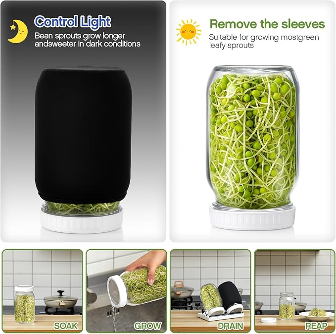 LemonRoad 18 Pcs Seed Sprouting Kit with 4 1000 ml Mason Jars and Blackout Sleeve, 4 Separate Bracket 316 Stainless Steel Screen, 2 Drain Tray Grow Organic Broccoli, Alfalfa, Mung Bean Sprouts