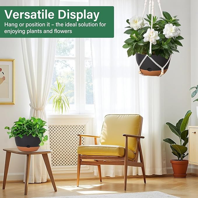 Hanging Planters for Indoor Plants, 2 Pack 10 Inch Self Watering Hanging Pots for Plants with Drainage Holes, Indoor Outdoor Hanging Flower Pots for Home Garden Ceiling Decor (Black)