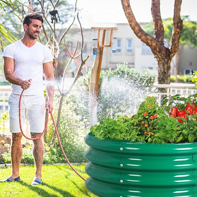 FORTUNO 2 Pcs 17" Tall 4 Ft Round Raised Garden Bed Box Galvanized Metal Outdoor High Flower Bed Steel Patio Ground Planter for Planting Vegetables and Herbs, Green