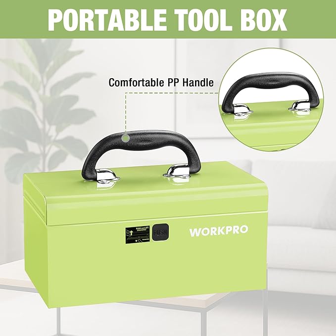 WORKPRO 10.8" Portable Mini Metal Tool Box with Removable Color-Matching Tray, One-Button Latch Toolbox, Steel Tool Chest with PP Handle, Compact Storage Organizer for Home, Office or Workshop
