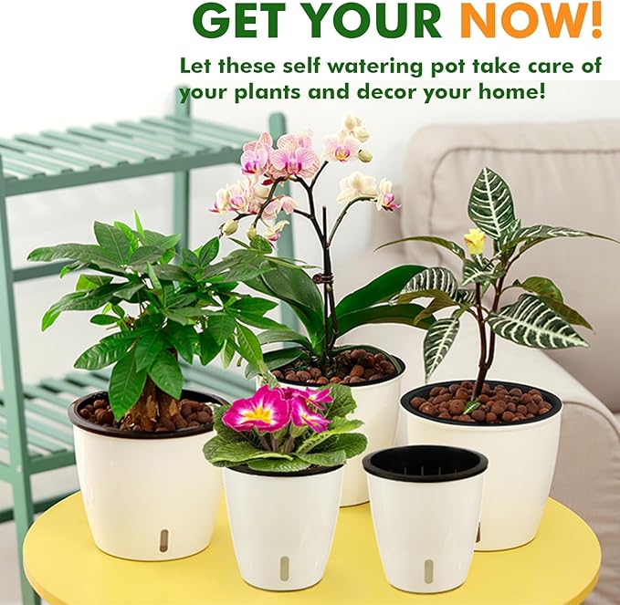 Planterhoma 5 Inch Self Watering Pots for Indoor Plants, 10 Packs African Violet Pots with Indicator, Black Wick Pot with Drainage Holes, Self Watering Planters for Orchid, Devil's Ivy, White