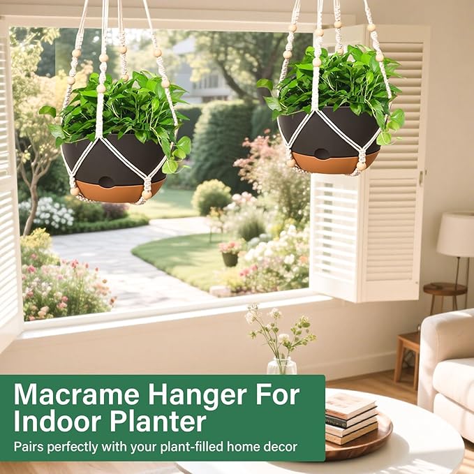 Hanging Planters for Indoor Plants, 2 Pack 8 Inch Self Watering Hanging Pots for Plants with Drainage Holes, Indoor Outdoor Hanging Flower Pots for Home Garden Ceiling Decor (Black)