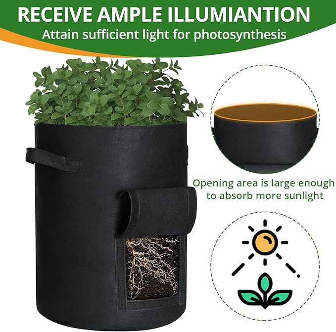 GOTGELIF 6 Pack 10 Gallon Potato Grow Bags with Flap, Thickened Nonwoven Fabric Grow Bags for Growing Potatoes, Carrots, Onion, etc Vegetables, Plants & Fruits - Black