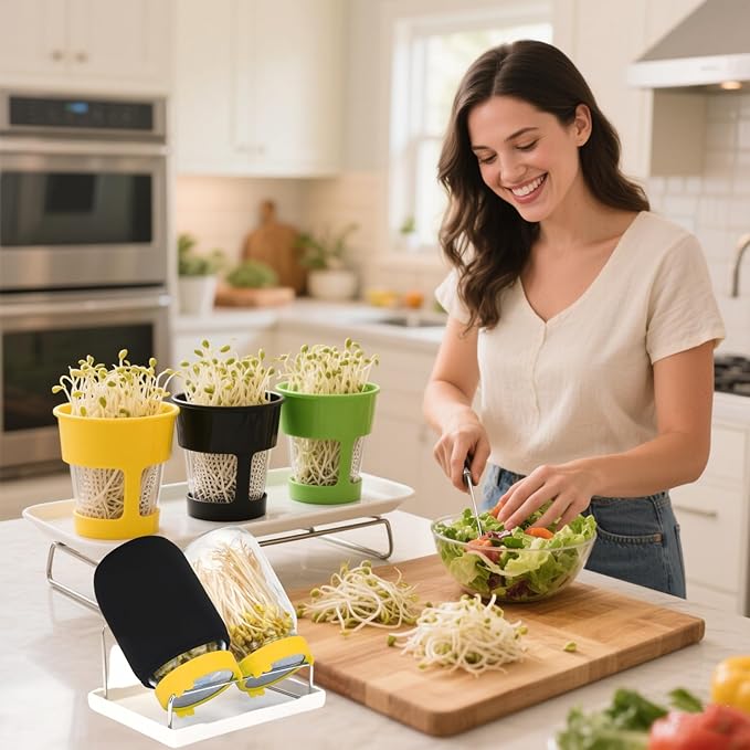 Lulonpon Sprouting Kit, 4 Sprouting Jar Kits, Wide Mouth Quart Mason Jars with Stainless Steel Screen Sprout Lids,1000ml Sprouts Growing Kit, Seed Sprouter Set for Growing Broccoli, Bean, Alfalfa ﻿