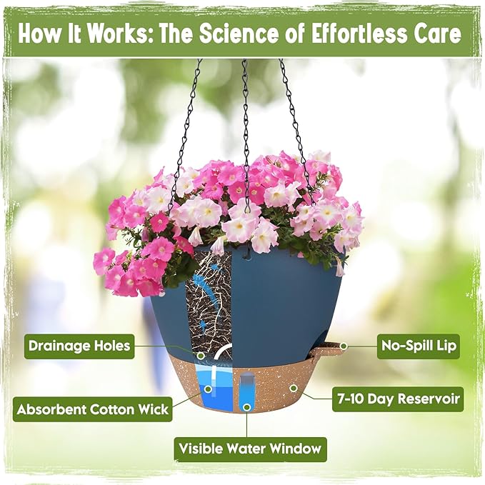 Self-Watering Hanging Planters with Water Level Window, 8/10 Inch Indoor Outdoor Hanging Plant Pots Includes Chain Hangers with Drainage Holes & Detachable Reservoir (Blue, 8+10 inch)