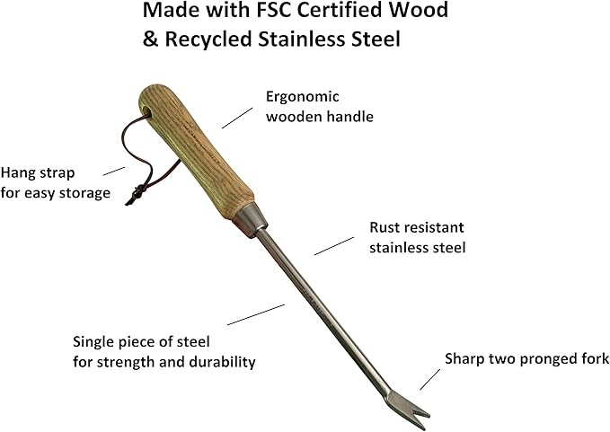 Garden Guru Eco Dandelion Weeder Tool w/Ergonomic Wood Handle - 100% Recycled Stainless Steel - Rust Resistant - FSC Certified Wood - Weed Puller for Planting Weeding Flower & Vegetable Care, 2 Pack