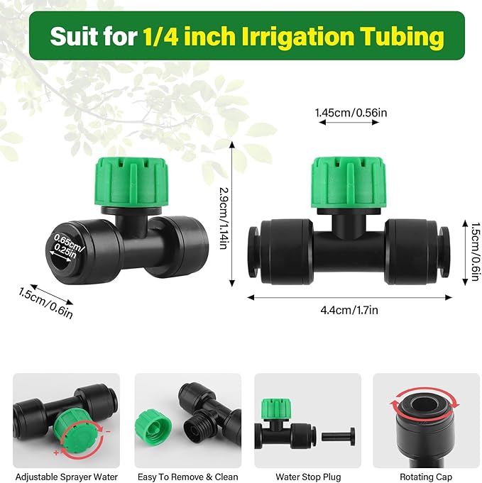 Kalolary 30Pcs Push-to-Fit Drip Irrigation Emitters for 1/4 inch Tubing, Adjustable Drip Emitter Sprayer with 8 Holes Irrigation Dripper Sprinklers with 6PCS End Plugs for Irrigation System(Green)