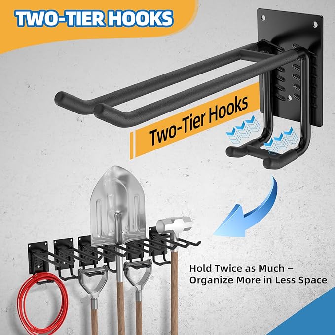 Tanzfrosch 2 Pack Garage Hooks Heavy Duty 10 INCH Two-Tier Steel Shed Wall Mount Workshop Garage Storage Organizer Hooks for Hanging Garden Tool, Hose, Ladder, Chairs, Bikes with Anti-Slip Coating