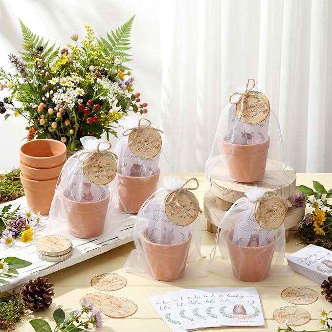 Ctosree 50 Sets Woodland Baby Shower Favors for Guests Baby Is Blooming Themed Seed Packets Include Self Adhesive Seed Packets Flowerpot Thank You Tags Organza Bags for Woodland Animal Party Favors
