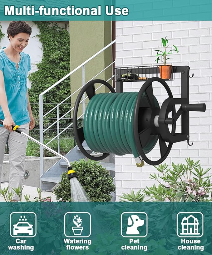 Outdoor Wall Mounted Hose Reel with Hook, Garden Heavy-Duty Water Holder Winder with 3.9 ft Leader Hoses, Brass Fitting and Storage Basket for Yard, Holds 125 Ft of 5/8-Inch Hose, Black