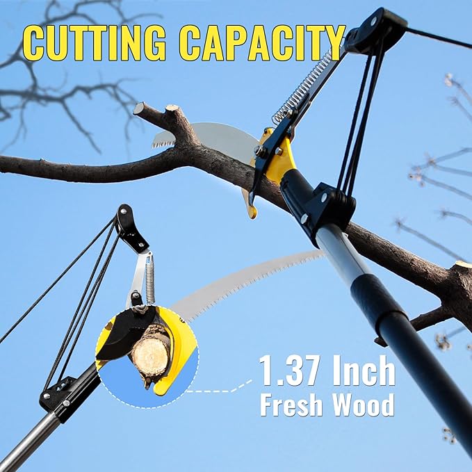 10.5FT Pole Saw for Tree Trimming, 2-In-1 Manual Tree Pruner with Saw, Extendable Long Handle Pole Tree Trimmer, High Reach Limbs Branch Cutter and Pruning Shears for Yard Garden Palm Shrubs
