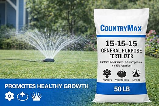 CountryMax 15-15-15 All Purpose Fertilizer, 50 lb Bag, Balanced Nutrition for Flowers & Vegetable Beds, Raised Gardens, Lawns & Grass, Supports Soil Health and Consistent Growth