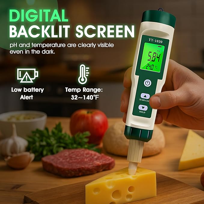Digital pH Meter for Food, pH Tester Probe for Sourdough Bread Dough, Meat, Cheese, Fruit, Cosmetics, Water, Smart Lab pH Test kit Pen with ATC, Temperature Backlit Display for Solids Liquids Soil