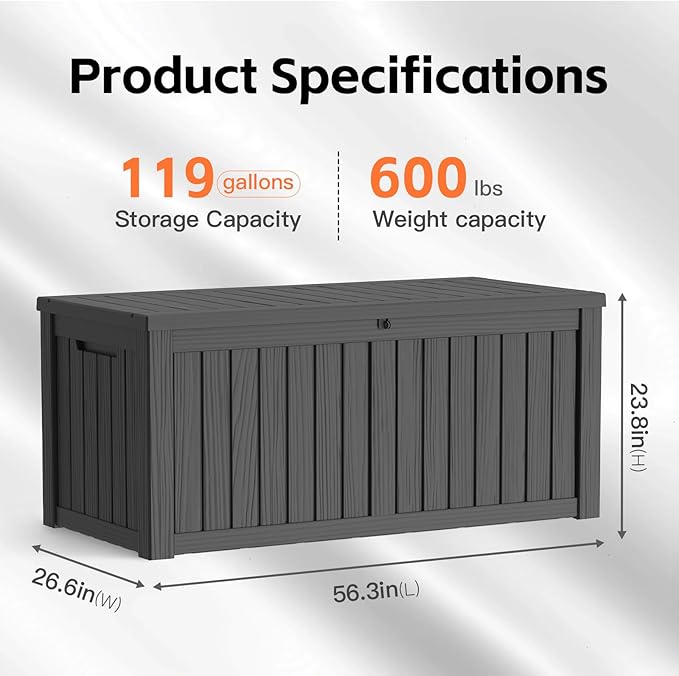 Mars Villa 120 Gallon Outdoor Storage Box, Resin Deck Box Waterproof for Patio Furniture Cushions, Pool Supplies, Gardening Tools, Weatherproof and UV Resistant, Black