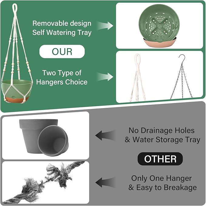 Hanging Planters for Indoor Plants, 2 Pack 8 Inch Self Watering Hanging Pots for Plants with Drainage Holes, Indoor Outdoor Hanging Flower Pots for Home Garden Ceiling Decor (Green)