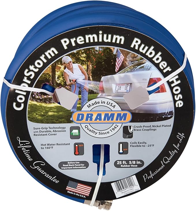 Dramm ColorStorm Premium Rubber Garden Hose – 50 ft Heavy Duty 5/8" Water Hose – Kink Resistant, Crush-Proof Nickel-Plated Couplings – Made in USA - Blue