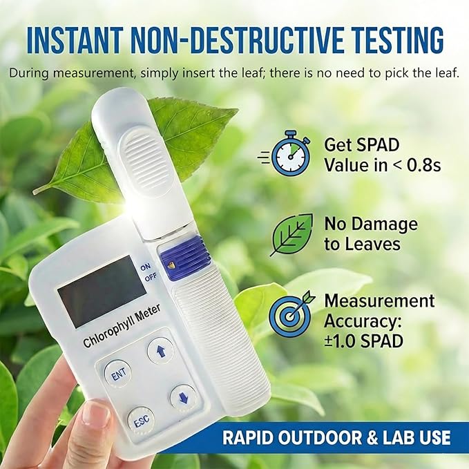 Chlorophyll Meter - Plant Nutrient Analyzer, 3-in-1 Non-Destructive SPAD Tester with Nitrogen & Leaf Temperature Sensor, 16GB Data Storage for Precision Agriculture