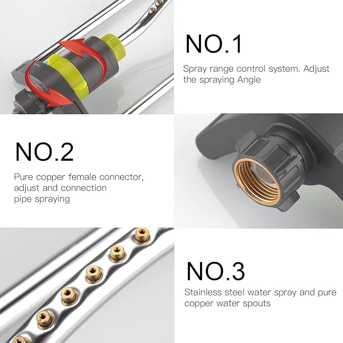 Lawn Sprinkler, GUDWING Metal Oscillating Sprinkler with Brass Nozzles, Water Sprinkler for Lawn Covers up to 3,600 Ft, Includes Spray Jet Cleaning Needle, Grey