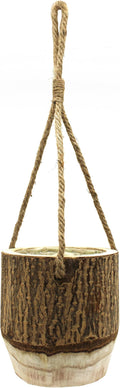CVHOMEDECO. Farmhouse Hanging Planter Rustic Wood Plant Holder Natural Bark Flower Pot with Hemp Rope Hanger for Garden and Indoor Decor.