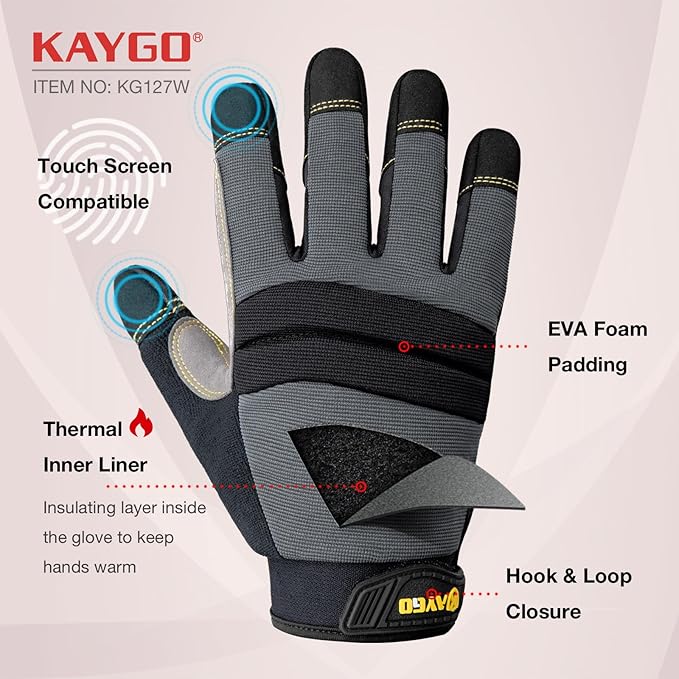 KAYGO Insulated Mechanic Work Gloves,KG127W Winter Thermal Safety Work Gloves for Men and Women, Double Lining,Heavy duty,Improved dexterity,Excellent Grip,Ideal for outdoor jobs,2XL
