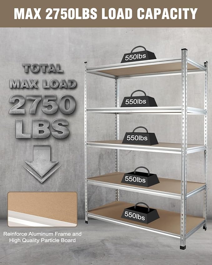 WORKPRO 5-Tier Storage Shelving Unit, 48”W x 24”D x 72”H, Adjustable Storage Rack Heavy Duty Aluminum Alloy Shelf, 2750 lbs Load Capacity (Total), for Garage, Kitchen, Bathroom, Warehouse