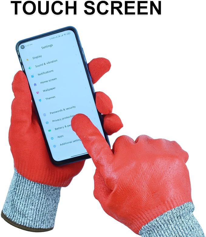 Durable Gardening Gloves for Men, Heavy Duty Nitrile Garden Gloves, Double Coated Work Gloves, Cut Resistant, Puncture Proof, Touch Screen (Red, Medium)