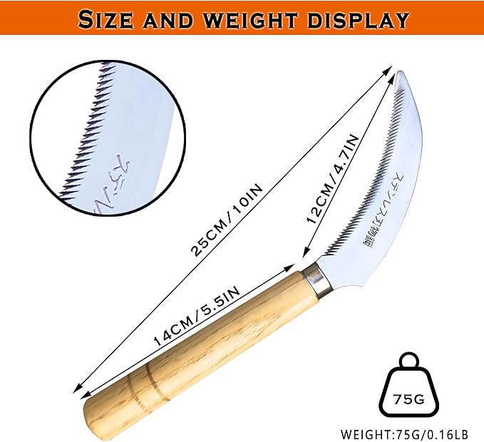 Grass Sickle with Sawtooth Japanese Weeding Hoe Garden Hand Tool Weeding Tools for Garden High-Strength Steel with Solid Wood Handle (Brown)
