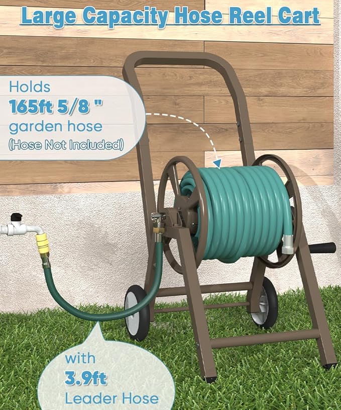 Garden Hose Reel Cart with Wheels, Holds 165 ft of 5/8’’ Hose Outdoor Heavy Duty Powder-coated Steel Water Storage Winder Holder with 3.9 Ft Leader Hose for Outside Lawn Yard, Brown