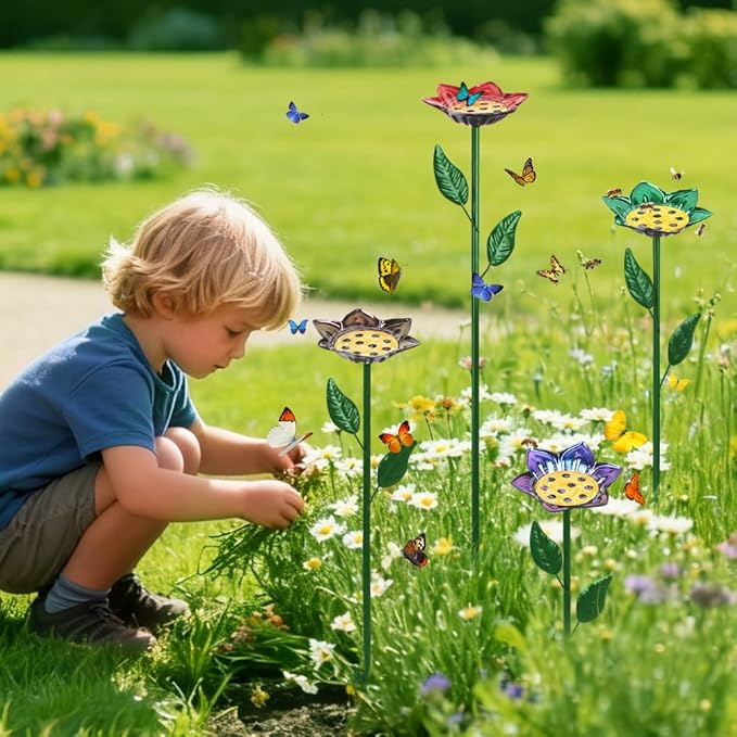 dreamysoul 4 Pack Bee Watering Station, Decorative Metal Bee Bath with Colorful Flower Design for Garden Yard Decor