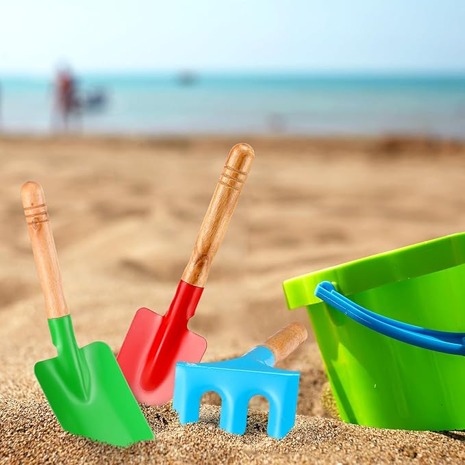 Gisafai 24 Pcs Kids Gardening Tools Set Metal Kids Garden Tools with Sturdy Wooden Handle Safe Toddler Gardening Set Shovel and Rake for Summer Beach Camping Outdoor Digging Sand Play