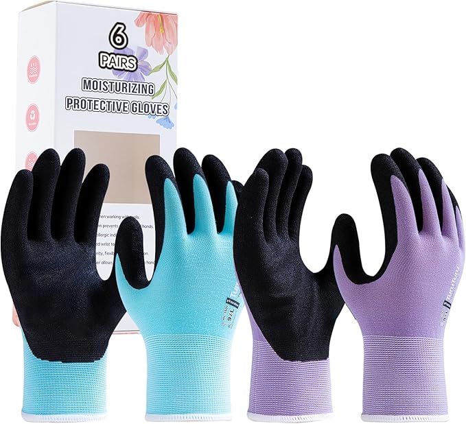 HandLove 6 Pairs Gardening Gloves for Women-Moisturizing Durable Work Gloves.Latex-free Sandy Nitrile Coated for Yard Garden,Touchscreen Friendly Protective Gloves with Grip, Medium,Blue&Purple