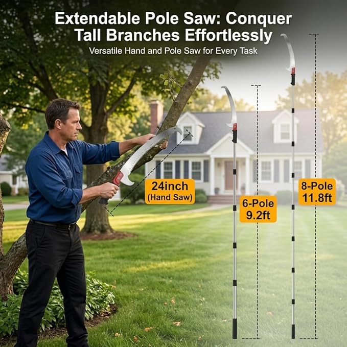 RISETEX Pole Saws for Tree Trimming 11.8 FT, Manual Pruning Saw with Manganese Steel Blade, Long Reach Branch Cutter Pole Pruner, Lightweight Tree Trimmer for Yard Garden Forestry