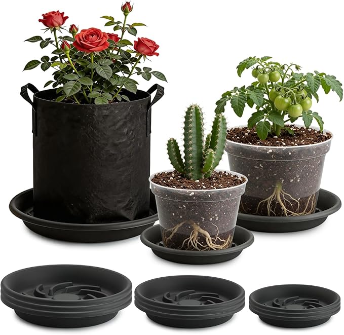 BTPLASTIK Plant Saucer 8 10 12 inch 9 Pack Set, Pot Elevators for Inside Plants, Heavy Duty Flower Planter Drip Trays for Pots, Grow Bags Saucers Gray