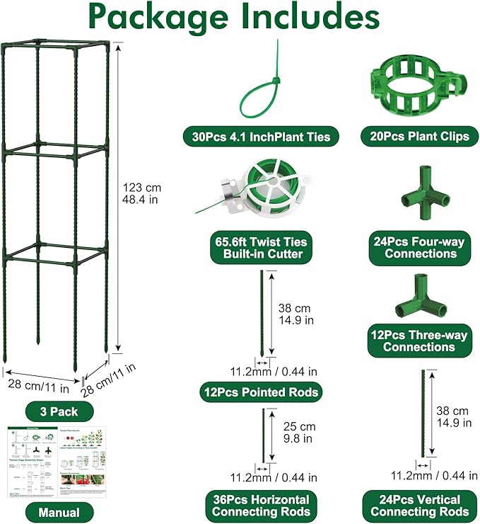 3 Pack 48" Tomato Cages for Garden, Plastic Coated Steel Pipe Heavy Duty Adjustable Tomato Stakes Trellis Plant Cages for Vegetable, Fruit, Flower, Rose Vine Climbing Plants