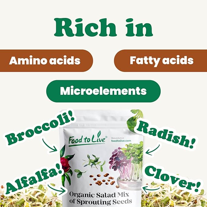 Food to Live Organic Salad Mix of Sprouting Seeds, 5 Pounds — Non-GMO Broccoli, Radish, Clover, Alfalfa. Rich Germination Rate, Non-Irradiated, Kosher, Vegan Superfood, Bulk, Rich in Sulforaphane