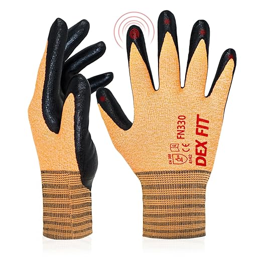 DEX FIT Nitrile Work Gloves FN330, 12 Pairs, 3D-Comfort Stretchy Fit, Firm Grip, Thin & Lightweight, Touch-Screen Compatible, Durable, Breathable & Cool, Orange XL (10)
