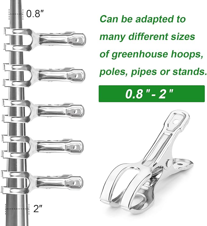60-Pack Extra-Large Opening Garden Clips, Heavy Duty Stainless Steel Greenhouse Clamps for 3/4" to 2" Pipe - Securely Grips Row Cover, Frost Blanket, Bird Netting & Shade Cloth in High Winds