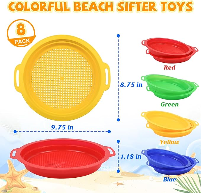 Sand Sifters Sieve for The Beach Sand Toys (Red, Blue, Yellow & Green) Complete Gift Set Bundle-8 Pack(8.75x 9.75in)