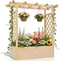 Outvita Raised Garden Bed with Trellis, Wood Planter Box with Hanging Roof, Side Trellis and Drainage Holes, Above Ground Elevated Garden Bed for Outdoor Climbing Plants Vegetables (Natural Wood)