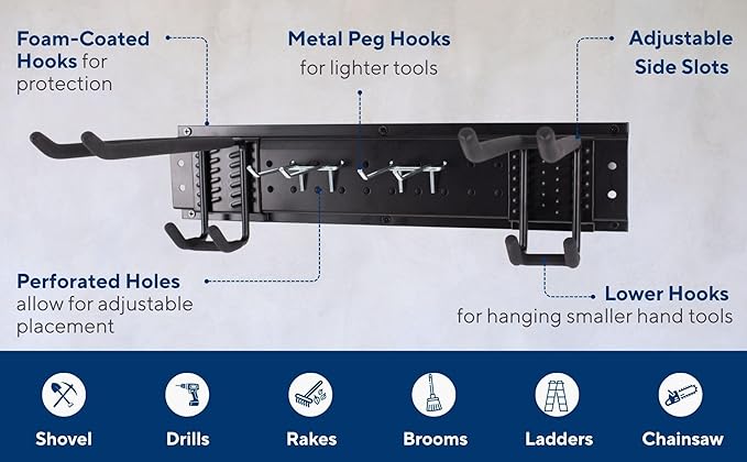 Heavy-Duty Wall Mount Garden Tool Organizer Rack, Black Metal, Multi-Hook Storage System